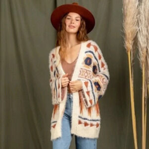 Boho Aztec Cozy Cream Cardigan Sweater New